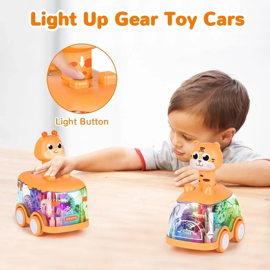 Child playing with light-up gear cars beside a close-up of the top button