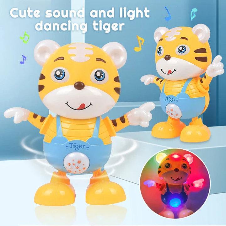 Tiger robot in blue overalls with illustrated dance movement and an illuminated inset view.
