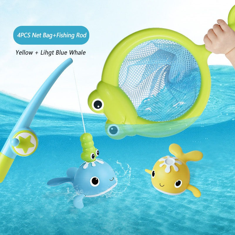 Four-piece light-color bath fishing set with yellow and light blue whales, a rod and a frog-shaped net.