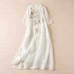 Lightweight Linen Summer Dress with Hand - Embroidered Wild Blooms (White XS) - | Zavonix