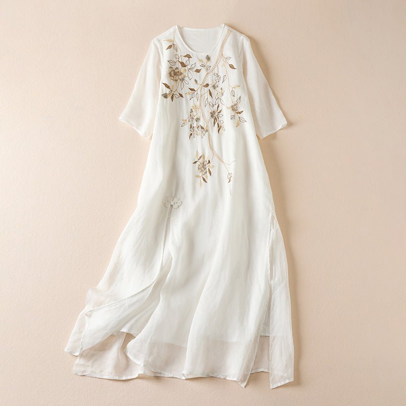 Lightweight Linen Summer Dress with Hand - Embroidered Wild Blooms (White XS) - | Zavonix