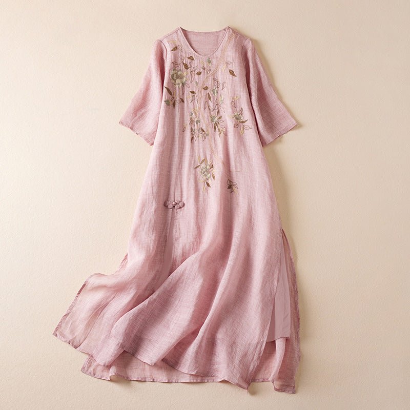 Lightweight Linen Summer Dress with Hand - Embroidered Wild Blooms (White XS) - | Zavonix