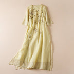 Lightweight Linen Summer Dress with Hand - Embroidered Wild Blooms (Yellow XS) - | Zavonix