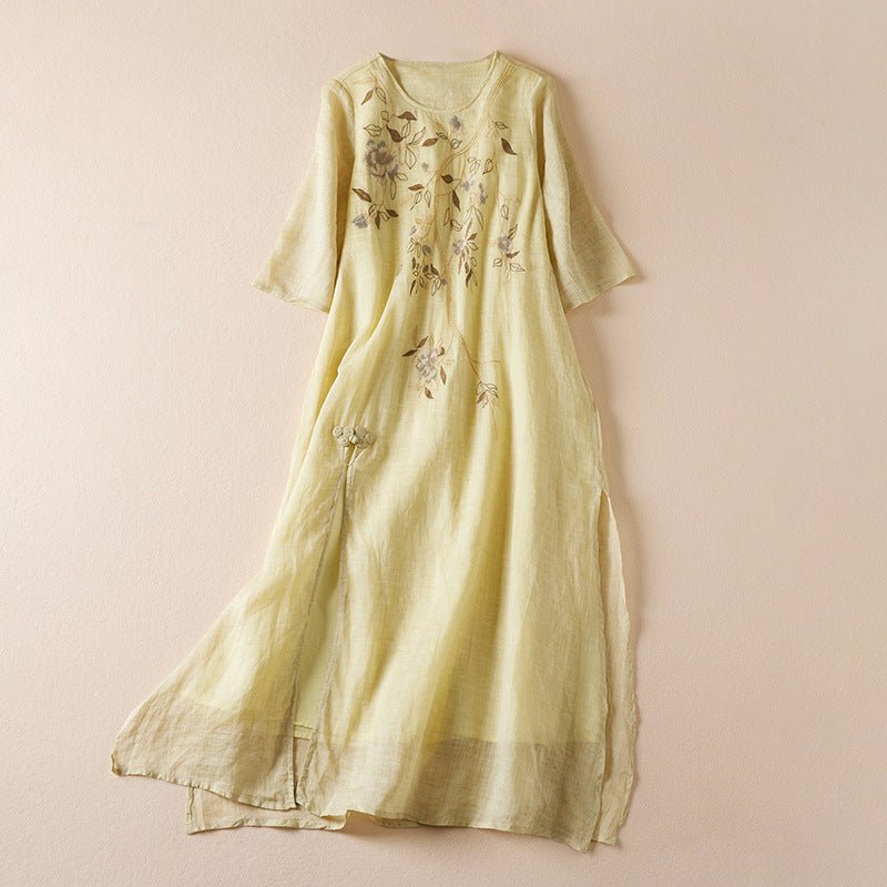 Lightweight Linen Summer Dress with Hand - Embroidered Wild Blooms (Yellow XS) - | Zavonix
