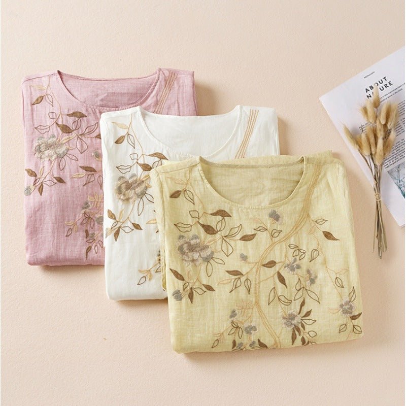 Lightweight Linen Summer Dress with Hand - Embroidered Wild Blooms (White XS) - | Zavonix