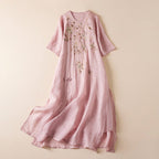 Lightweight Linen Summer Dress with Hand - Embroidered Wild Blooms (Pink XS) - | Zavonix