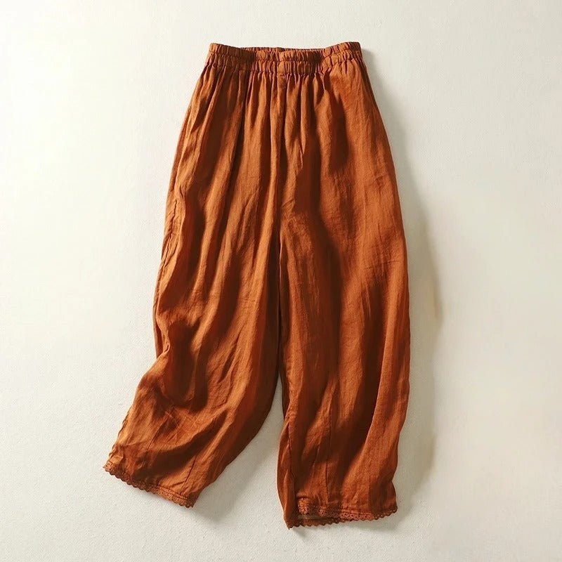 Linwin — Breathable Linen Pants with Gathered Waist and Lace Detail (Brown XS) - | Zavonix