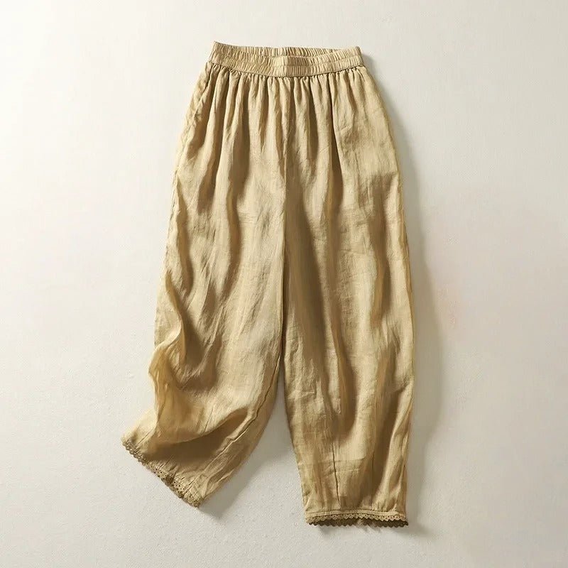 Linwin — Breathable Linen Pants with Gathered Waist and Lace Detail (Black XS) - | Zavonix