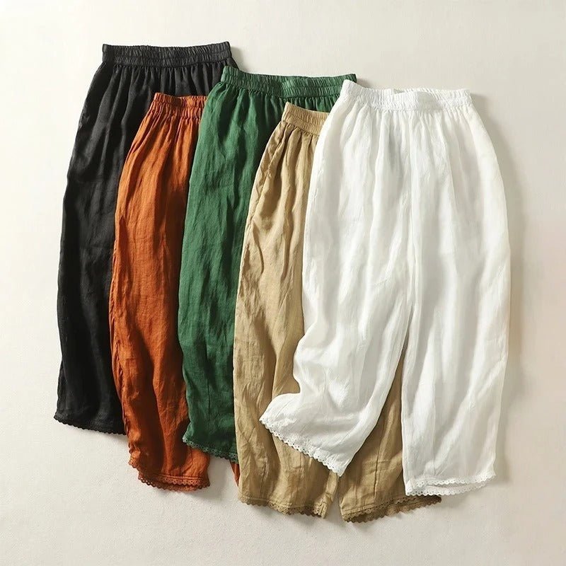 Linwin — Breathable Linen Pants with Gathered Waist and Lace Detail (Black XS) - | Zavonix