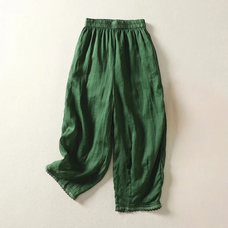Linwin — Breathable Linen Pants with Gathered Waist and Lace Detail (Green XS) - | Zavonix