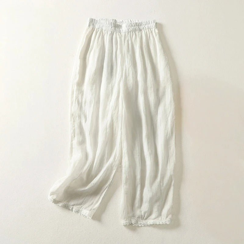 Linwin — Breathable Linen Pants with Gathered Waist and Lace Detail (Black XS) - | Zavonix