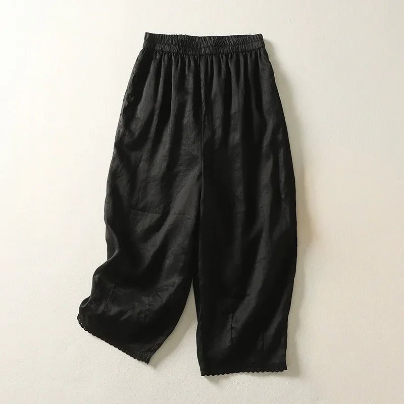 Linwin — Breathable Linen Pants with Gathered Waist and Lace Detail (Black XS) - | Zavonix