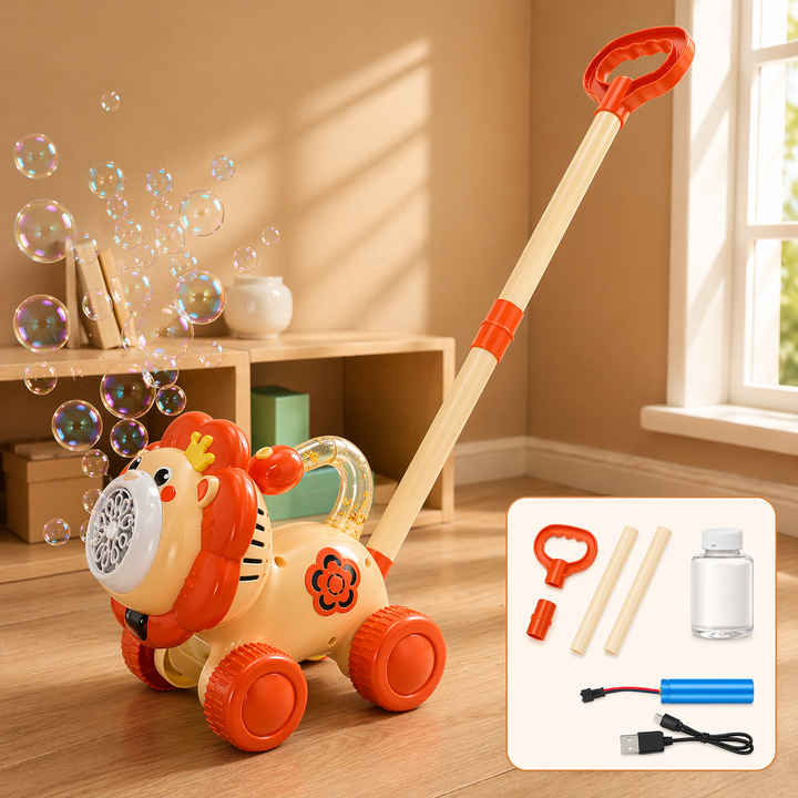 Lion bubble push cart with orange wheels, a long handle and accessory inset.