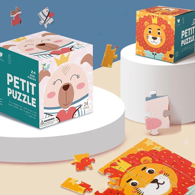 Lion jigsaw puzzle, loose pieces, and illustrated cube boxes