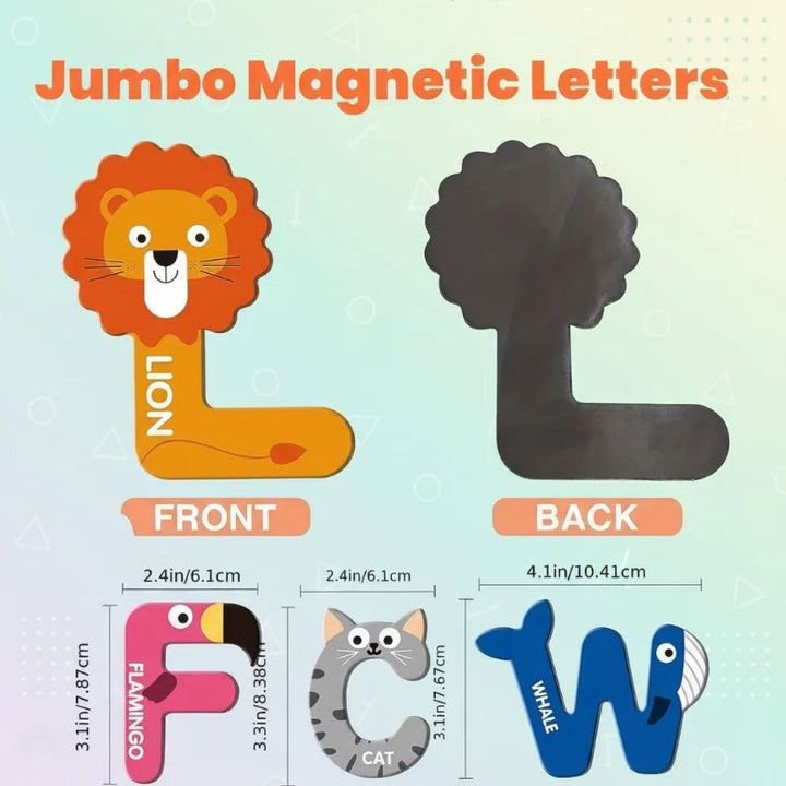 Lion letter L shown front and back, with example alphabet magnet measurements