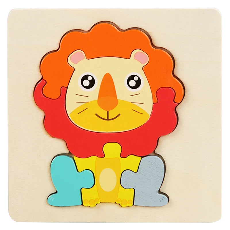 Lion wooden jigsaw puzzle with an orange mane and colorful body pieces
