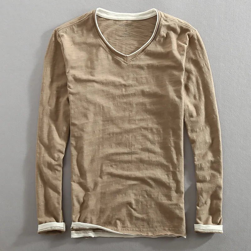 Liora — Breathable Cotton V - Neck T-Shirt with White Trim (Khaki S) - | Zavonix