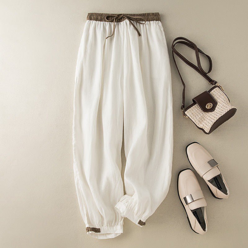 Liora — Breathable Linen Cuffed Harem Pants with Adjustable Fit (White XS) - | Zavonix