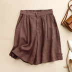 Liora — High - Waisted Wide - Leg Linen Shorts with Hidden Pockets (Brown XS) - | Zavonix