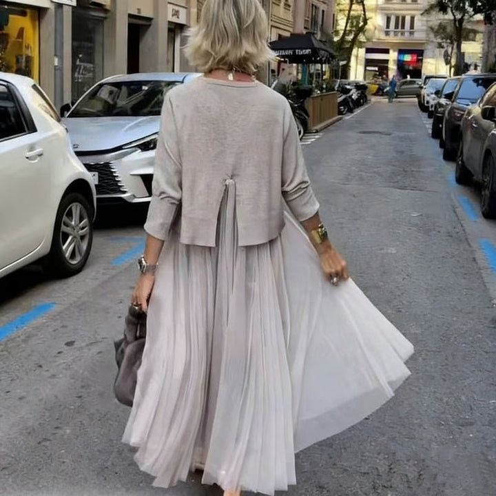 Liora Layered Two Piece Dress Set Knit Top Mesh Overlay Product Image 03