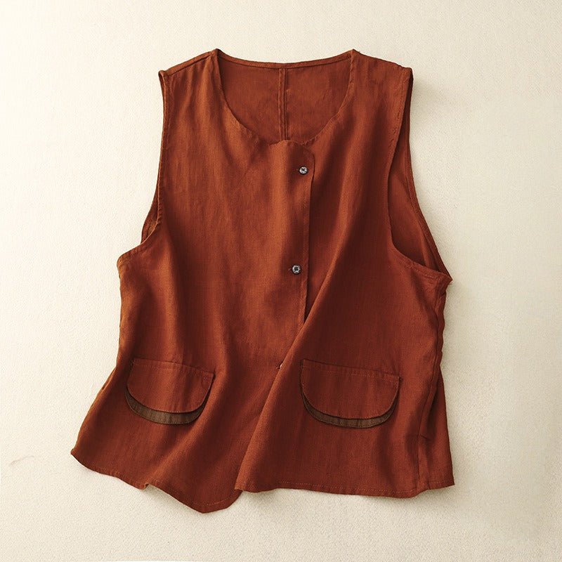 Liora — Lightweight Linen Vest with Asymmetric Placket and Pockets (Olive Green XS) - | Zavonix