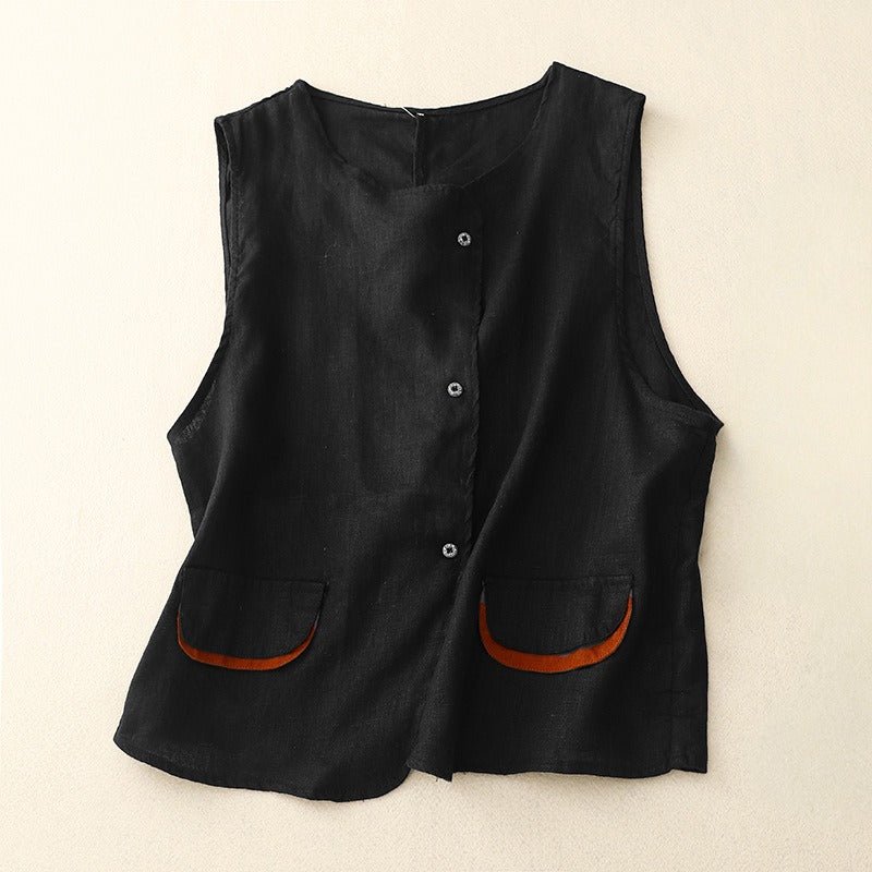 Liora — Lightweight Linen Vest with Asymmetric Placket and Pockets (Olive Green XS) - | Zavonix