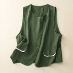 Liora — Lightweight Linen Vest with Asymmetric Placket and Pockets (Olive Green XS) - | Zavonix