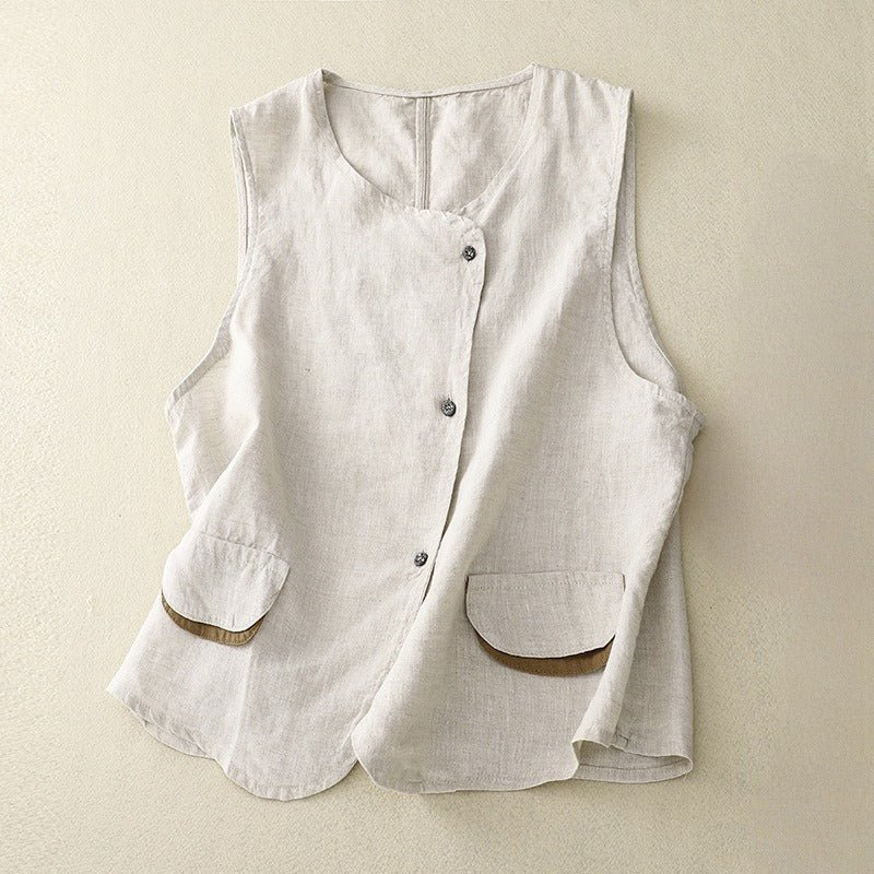 Liora — Lightweight Linen Vest with Asymmetric Placket and Pockets (White XS) - | Zavonix