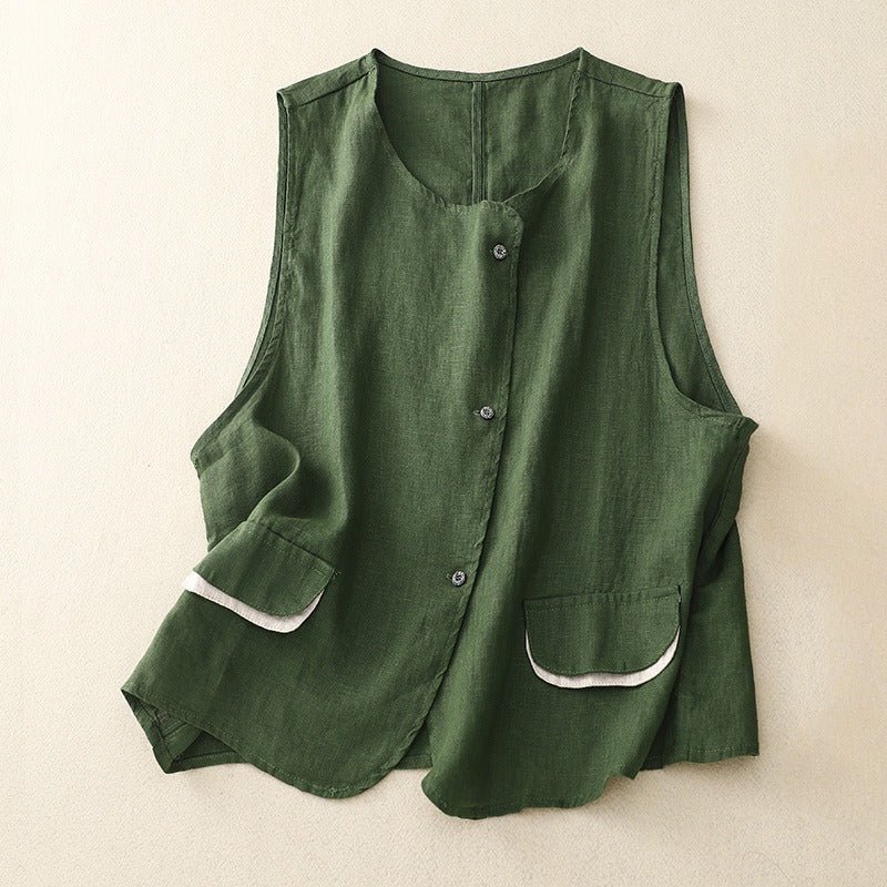 Liora — Lightweight Linen Vest with Asymmetric Placket and Pockets (Olive Green XS) - | Zavonix