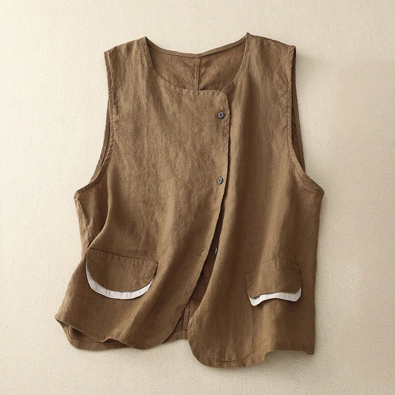 Liora — Lightweight Linen Vest with Asymmetric Placket and Pockets (Khaki XS) - | Zavonix