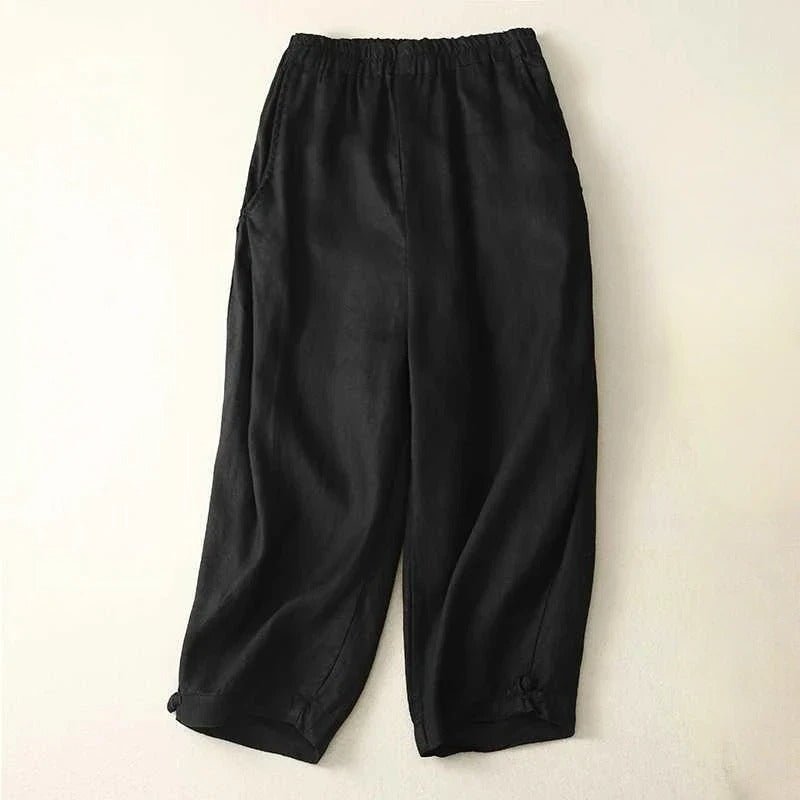 Liora Linen Pants — Breathable Casual Trousers with Gathered Waist (Black XS) - | Zavonix