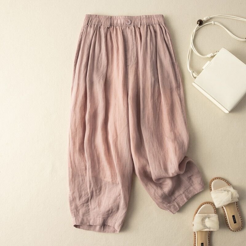 Liora Linen Pants — Breathable Pleated Trousers with Soft Texture (Pink XS) - | Zavonix
