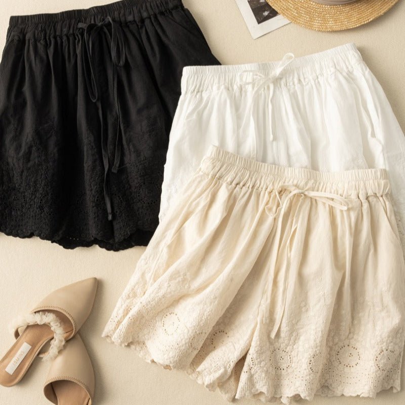 Liora Linen Shorts — Breathable Summer Shorts with Scalloped Lace Detail (Black XS) - | Zavonix