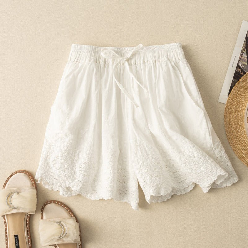 Liora Linen Shorts — Breathable Summer Shorts with Scalloped Lace Detail (White XS) - | Zavonix
