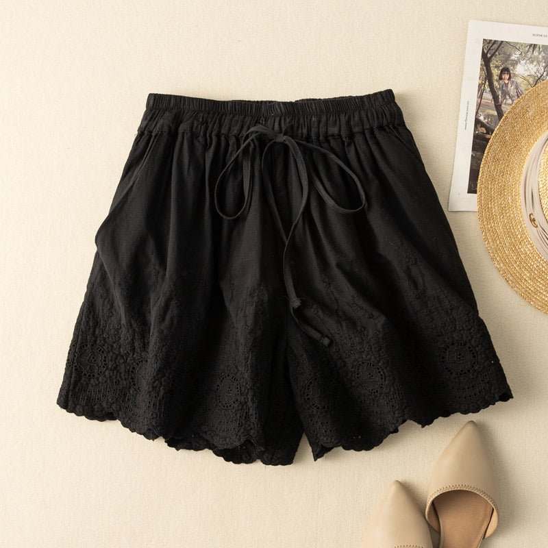 Liora Linen Shorts — Breathable Summer Shorts with Scalloped Lace Detail (Black XS) - | Zavonix
