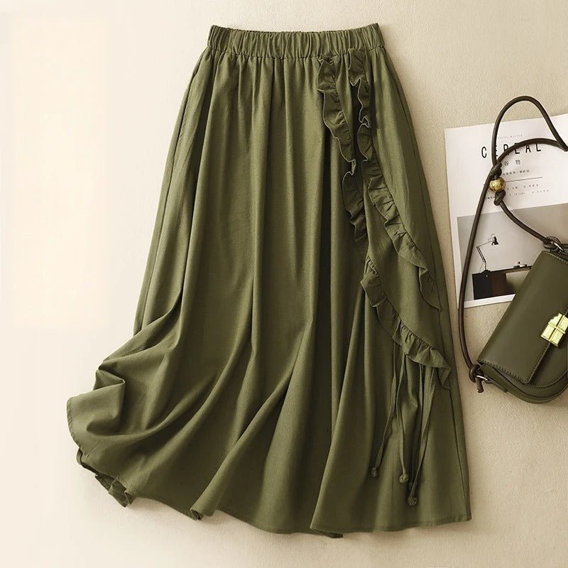 Liora Linen Skirt — Breathable Ruffle Skirt with Adjustable Ties (Brown XS) - | Zavonix