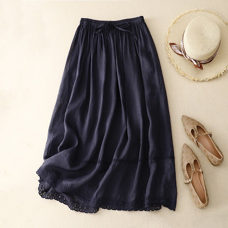 Liora Linen Skirt — Lightweight Breathable Skirt with Scalloped Lace Hem (Navy Blue XS) - | Zavonix