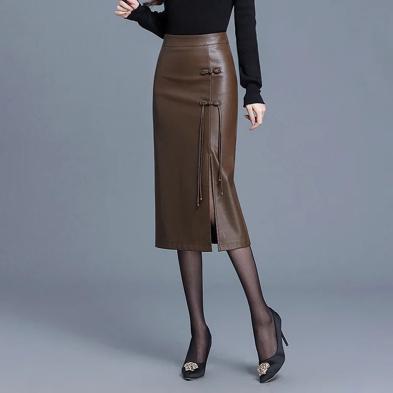 Liora — Premium Leather Skirt with Japanese Knot Accents and Side Slit (Black XS) - | Zavonix
