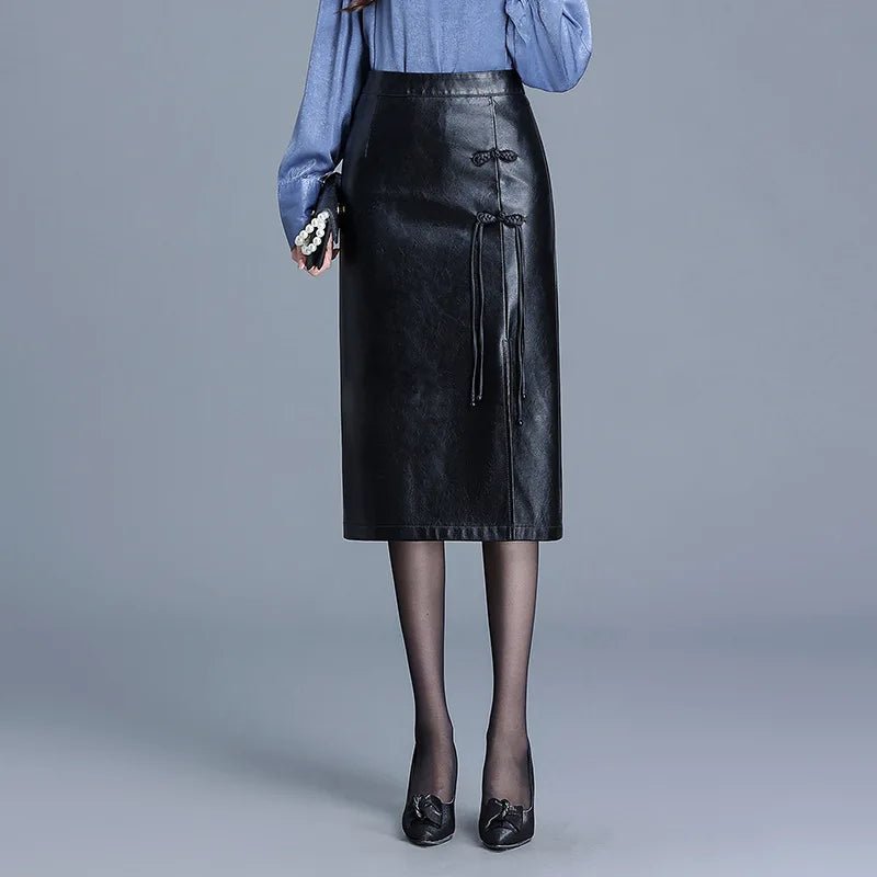Liora — Premium Leather Skirt with Japanese Knot Accents and Side Slit (Black XS) - | Zavonix