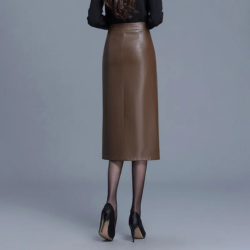Liora — Premium Leather Skirt with Japanese Knot Accents and Side Slit (Brown XS) - | Zavonix