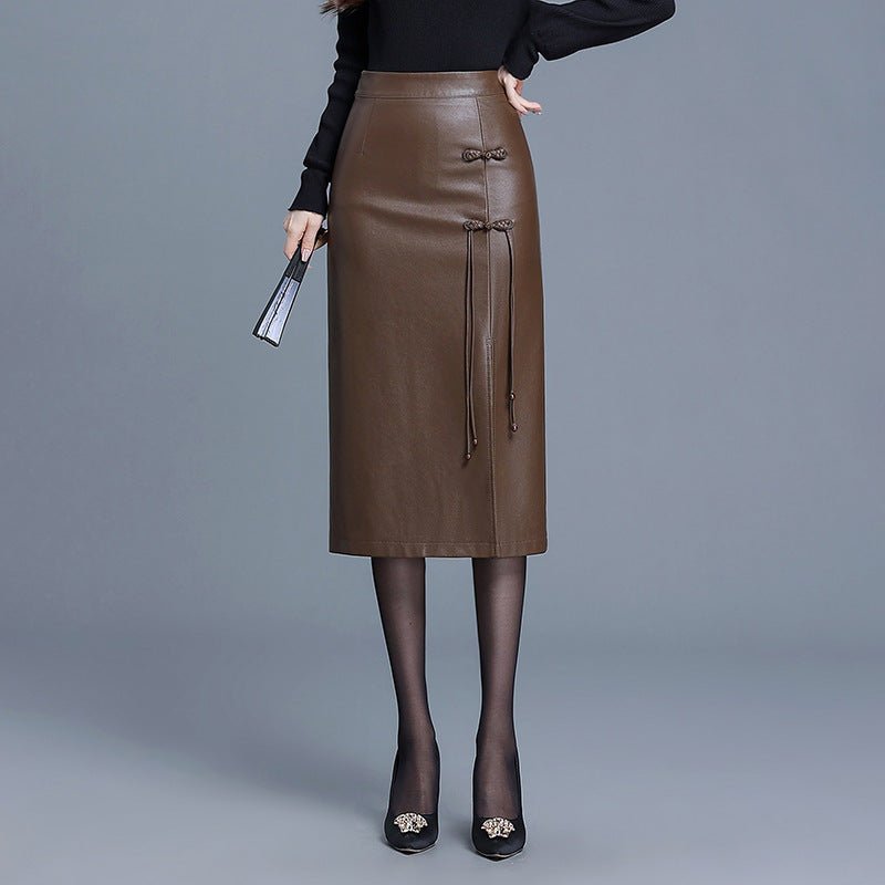 Liora — Premium Leather Skirt with Japanese Knot Accents and Side Slit (Brown XS) - | Zavonix