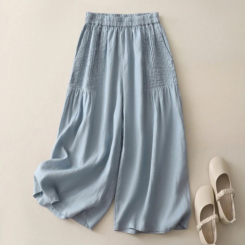 Liora — Women's Linen Wide - Leg Trousers with Pintucked Waist (Light Blue XS) - | Zavonix