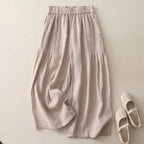 Liora — Women's Linen Wide - Leg Trousers with Pintucked Waist (Beige XS) - | Zavonix