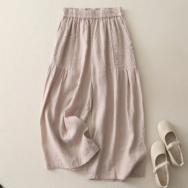 Liora — Women's Linen Wide - Leg Trousers with Pintucked Waist (Beige XS) - | Zavonix