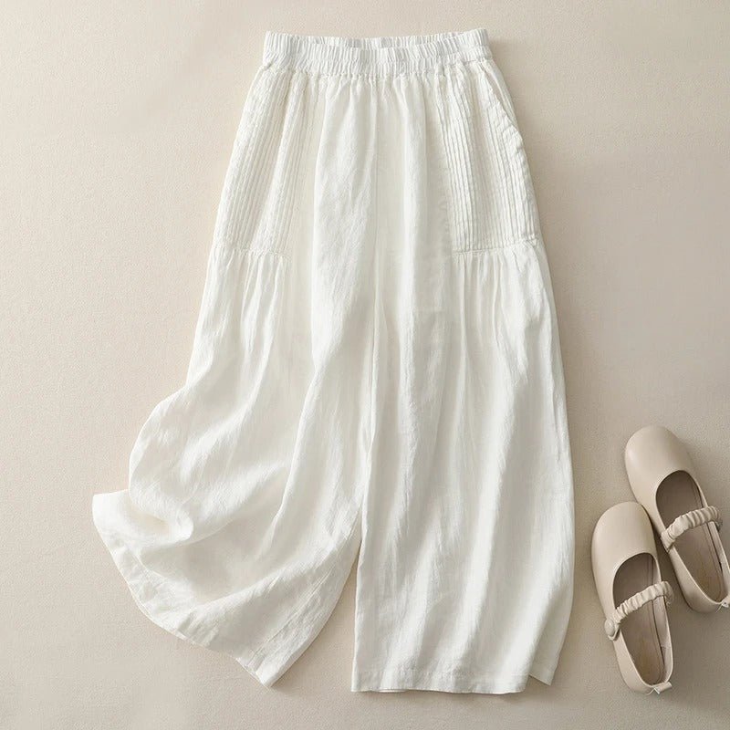 Liora — Women's Linen Wide - Leg Trousers with Pintucked Waist (Beige XS) - | Zavonix