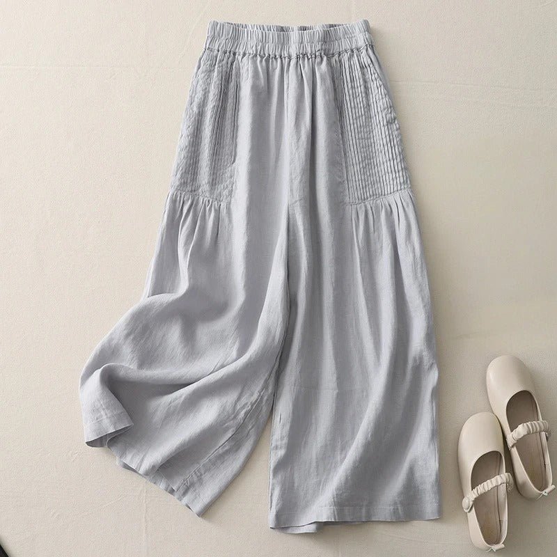 Liora — Women's Linen Wide - Leg Trousers with Pintucked Waist (Beige XS) - | Zavonix