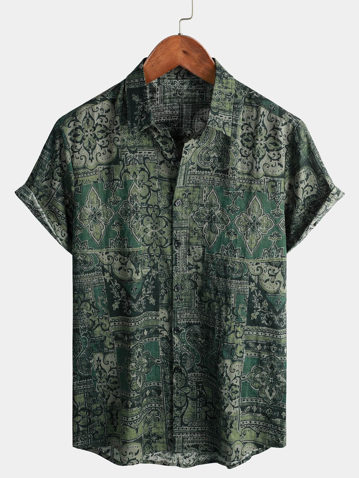 Lioran — Men's Lightweight Retro Paisley Short Sleeve Shirt (Green S) - short | Zavonix