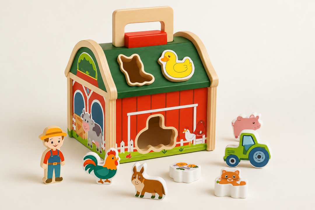 Red wooden barn shape sorter with a green roof, carry handle, and colorful farm-themed pieces.