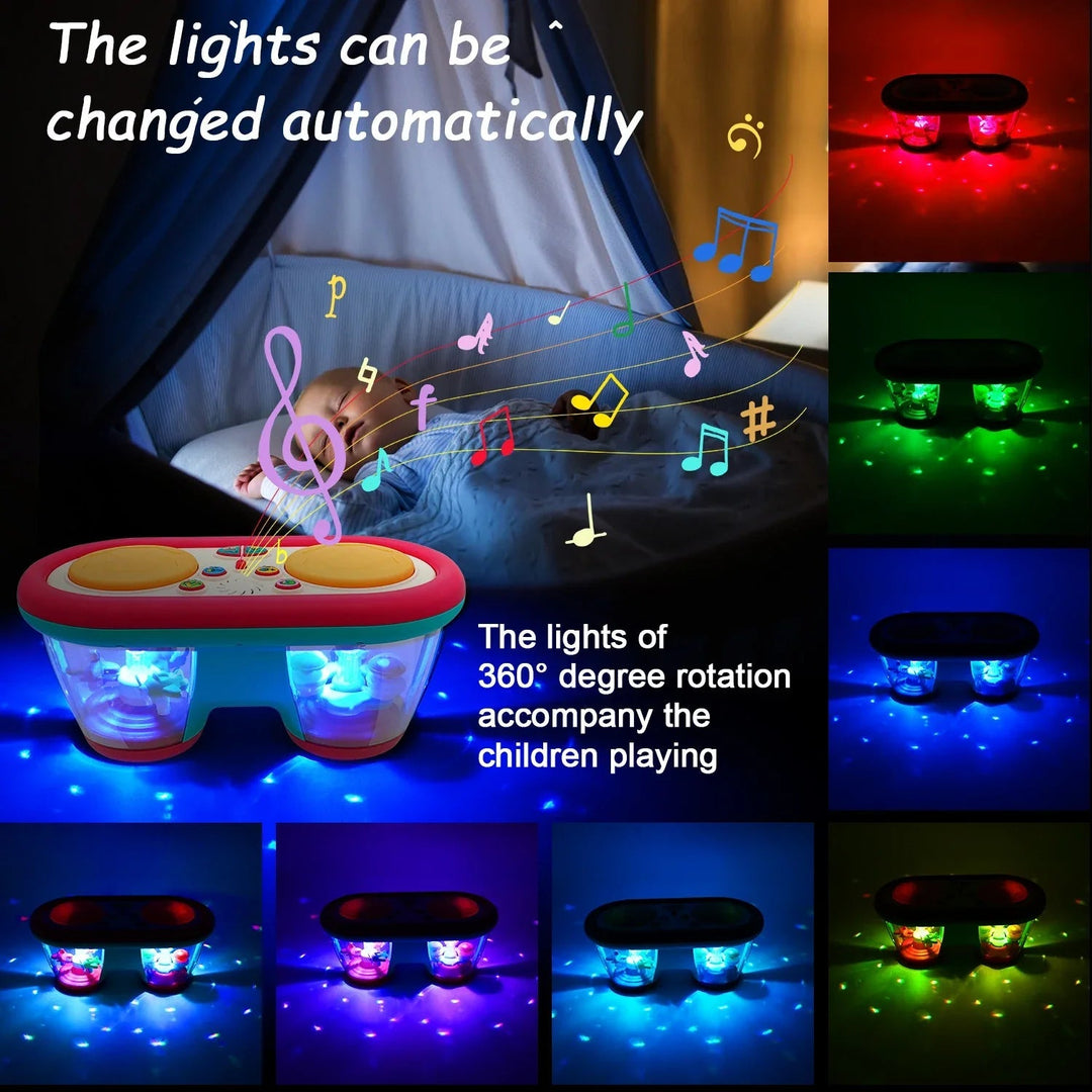 Drum toy glowing in several colors, with red, green and blue light examples