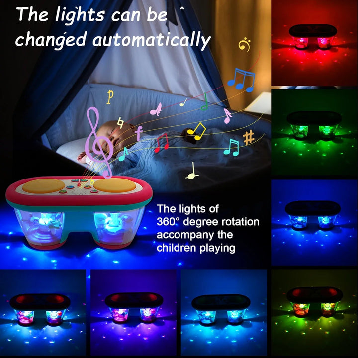 Drum toy glowing in several colors, with red, green and blue light examples
